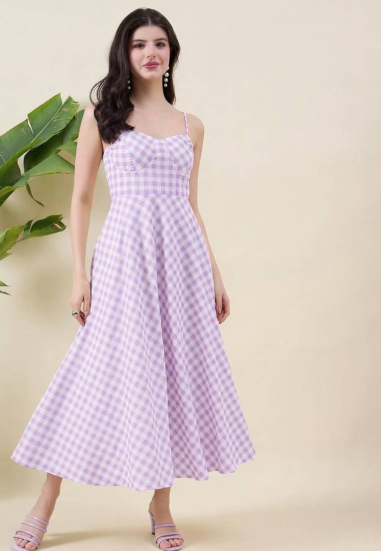 Women checked cotton fit & flare midi dress
