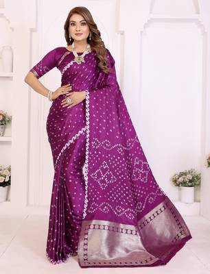 wine satin bandhej printed saree with blouse 1