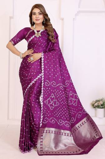 wine satin bandhej printed saree with blouse