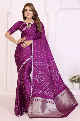 wine satin bandhej printed saree with blouse