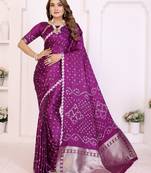 wine satin bandhej printed saree with blouse