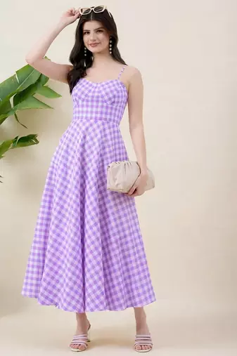 Women checked cotton fit & flare midi dress