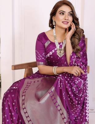wine satin bandhej printed saree with blouse 2