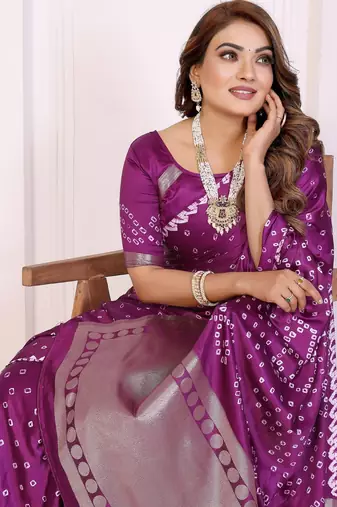 wine satin bandhej printed saree with blouse