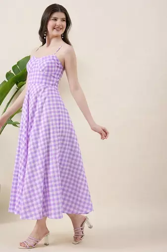 Women checked cotton fit & flare midi dress