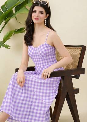 Women checked cotton fit & flare midi dress 5