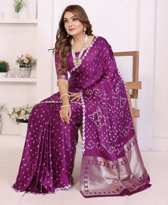 wine satin bandhej printed saree with blouse 3