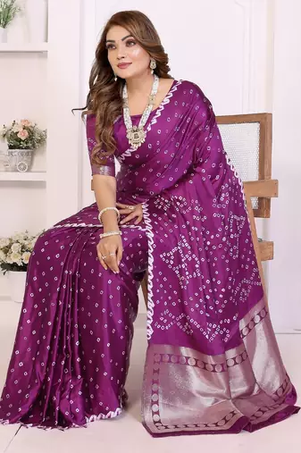 wine satin bandhej printed saree with blouse