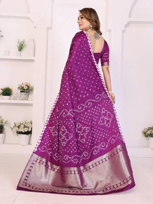 wine satin bandhej printed saree with blouse 4