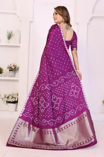 wine satin bandhej printed saree with blouse