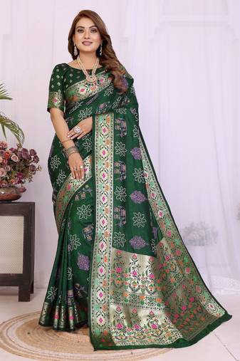 green dola silk blend bandhej khadi printed saree with blouse