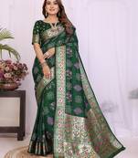 green dola silk blend bandhej khadi printed saree with blouse