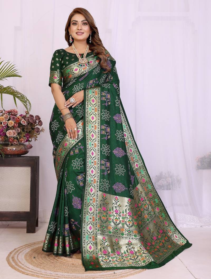 green dola silk blend bandhej khadi printed saree with blouse