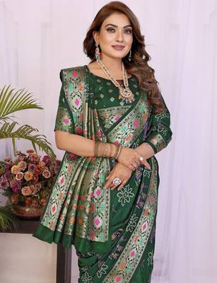 green dola silk blend bandhej khadi printed saree with blouse 2
