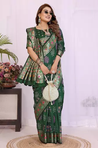 green dola silk blend bandhej khadi printed saree with blouse