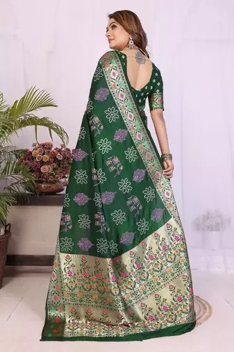 green dola silk blend bandhej khadi printed saree with blouse