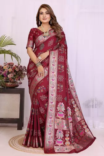 maroon dola silk blend bandhej khadi printed saree with blouse