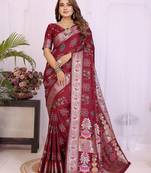 maroon dola silk blend bandhej khadi printed saree with blouse