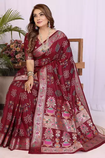 maroon dola silk blend bandhej khadi printed saree with blouse