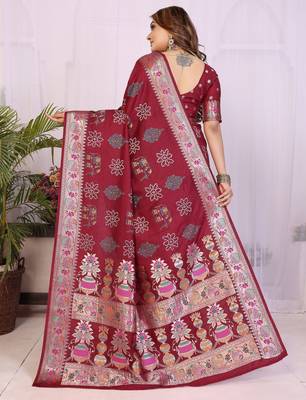 maroon dola silk blend bandhej khadi printed saree with blouse 4