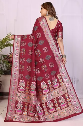 maroon dola silk blend bandhej khadi printed saree with blouse