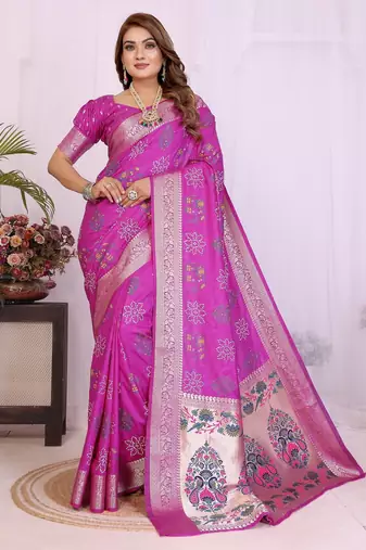 purple dola silk blend bandhej khadi printed saree with blouse