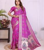purple dola silk blend bandhej khadi printed saree with blouse