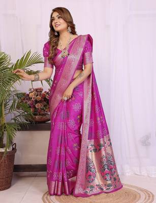 purple dola silk blend bandhej khadi printed saree with blouse 3