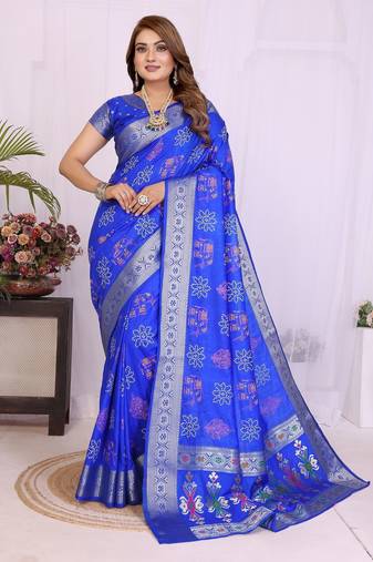 r blue dola silk blend bandhej khadi printed saree with blouse
