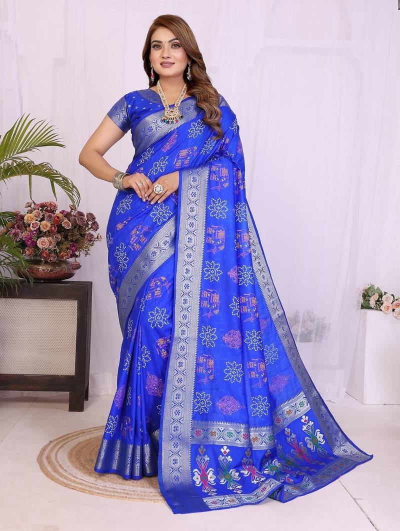 r blue dola silk blend bandhej khadi printed saree with blouse