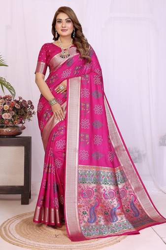 rani dola silk blend bandhej khadi printed saree with blouse
