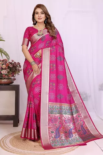 rani dola silk blend bandhej khadi printed saree with blouse