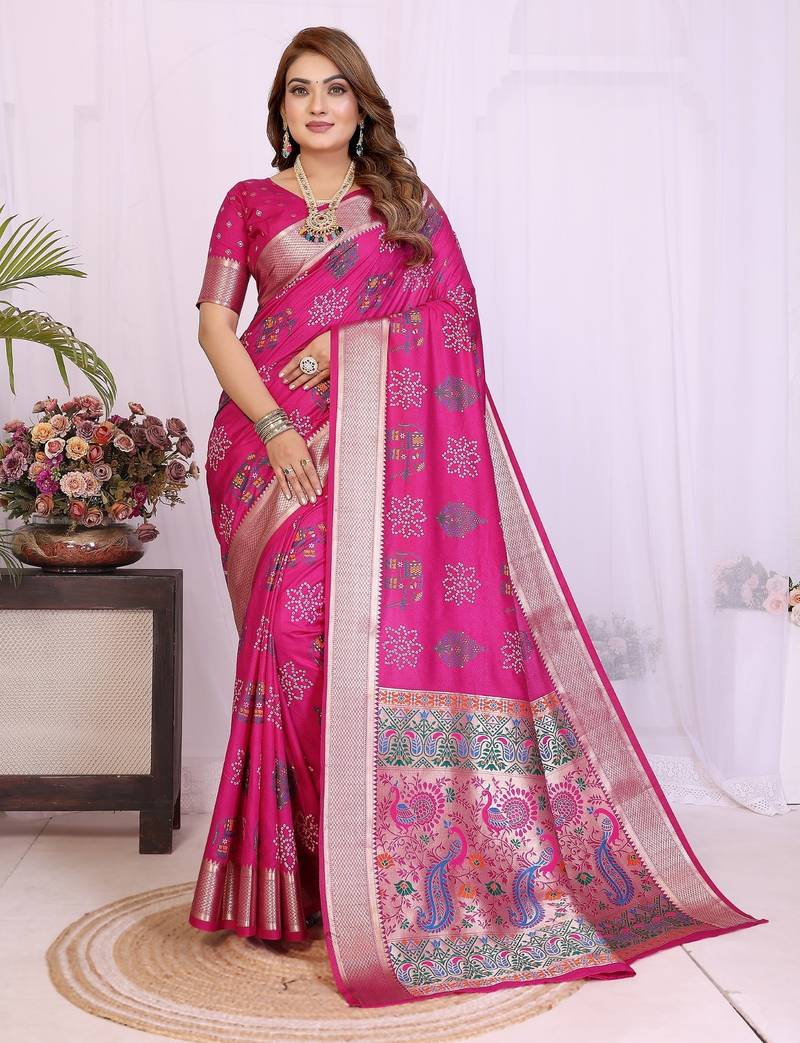 rani dola silk blend bandhej khadi printed saree with blouse