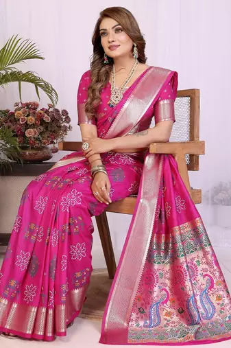 rani dola silk blend bandhej khadi printed saree with blouse