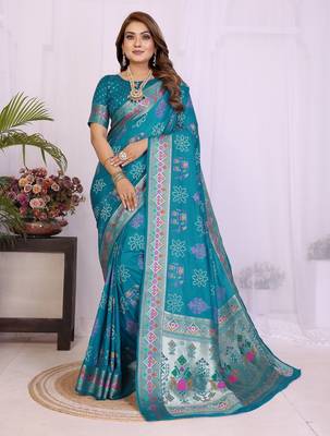 teal dola silk blend bandhej khadi printed saree with blouse 1