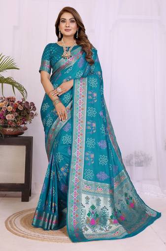 teal dola silk blend bandhej khadi printed saree with blouse