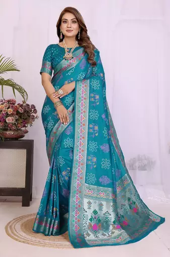teal dola silk blend bandhej khadi printed saree with blouse