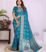 teal dola silk blend bandhej khadi printed saree with blouse