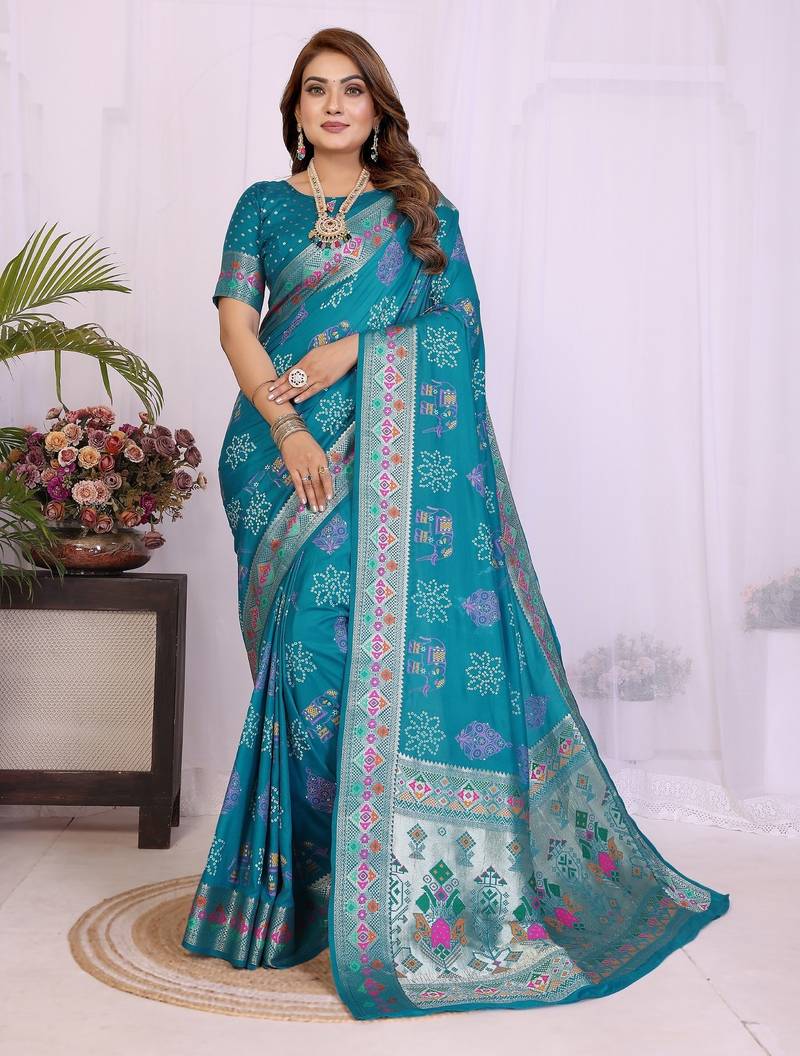 teal dola silk blend bandhej khadi printed saree with blouse