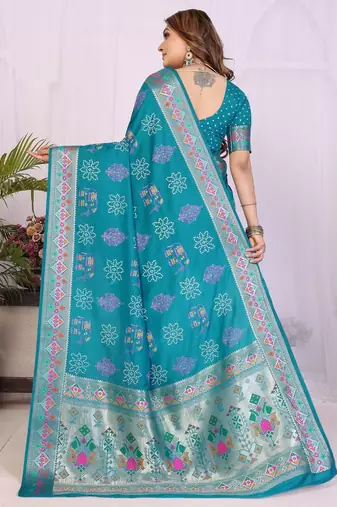 teal dola silk blend bandhej khadi printed saree with blouse