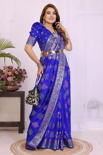 violet dola silk blend bandhej khadi printed saree with blouse