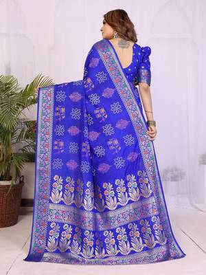 violet dola silk blend bandhej khadi printed saree with blouse 4