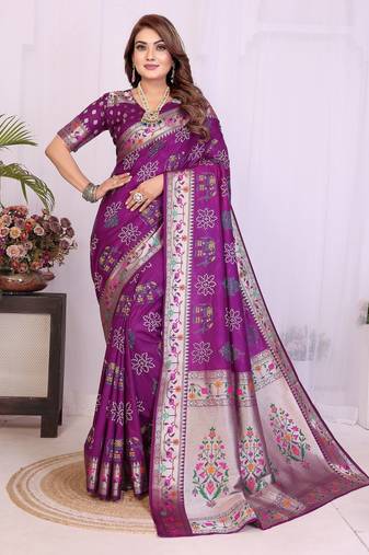 wine dola silk blend bandhej khadi printed saree with blouse
