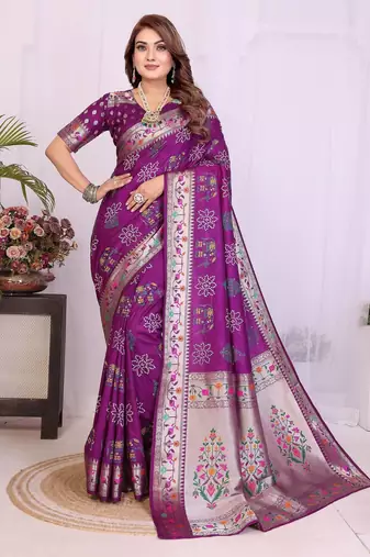 wine dola silk blend bandhej khadi printed saree with blouse