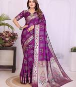 wine dola silk blend bandhej khadi printed saree with blouse
