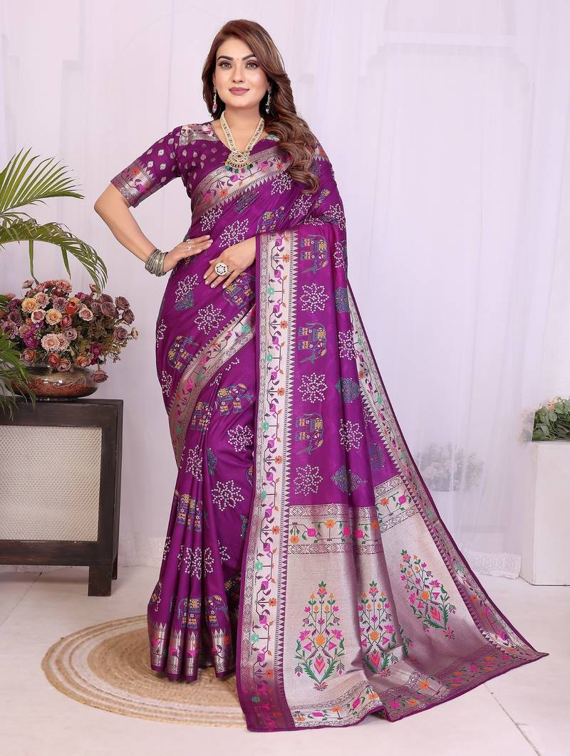 wine dola silk blend bandhej khadi printed saree with blouse