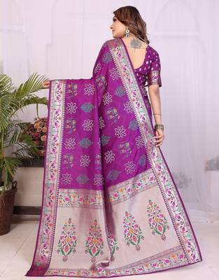 wine dola silk blend bandhej khadi printed saree with blouse 4