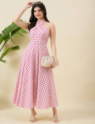 Women checked halter neck a-line cotton midi dress 1