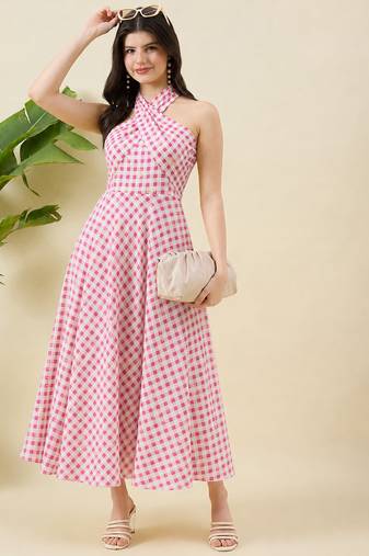 Women checked halter neck a-line cotton midi dress