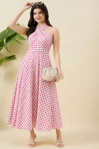 Women checked halter neck a-line cotton midi dress